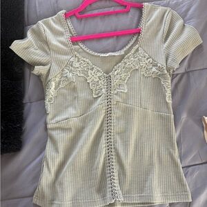 BKE Lace Accent Ribbed Blouse - Cream